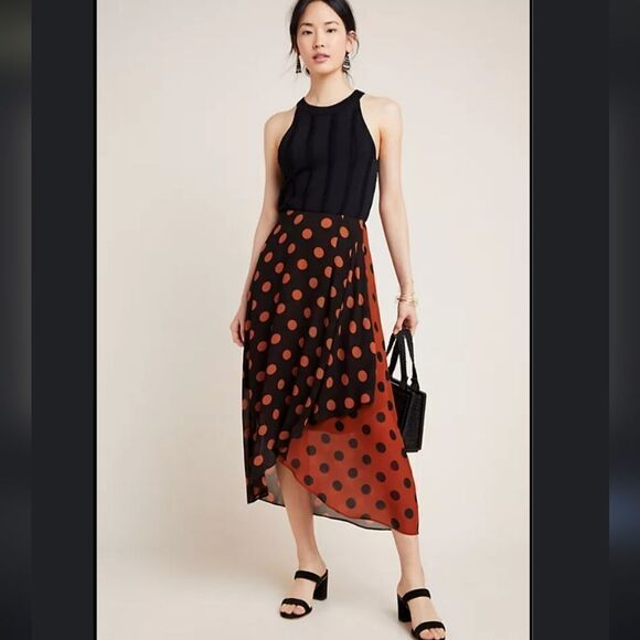 Maeve Oksana Anthropologie Polka Dot Midi Skirt - Black and Rust - Picture 3 of 16